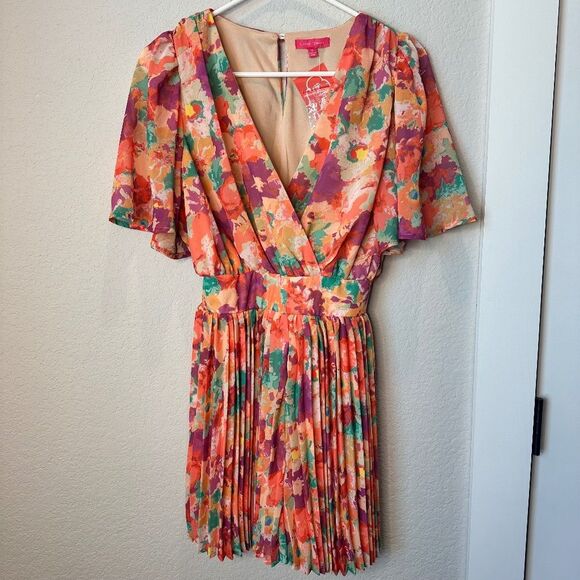 NWT Flying Tomato Pink Orange Vibrant Bold Floral Pleated Romper - Size S - Picture 1 of 10
